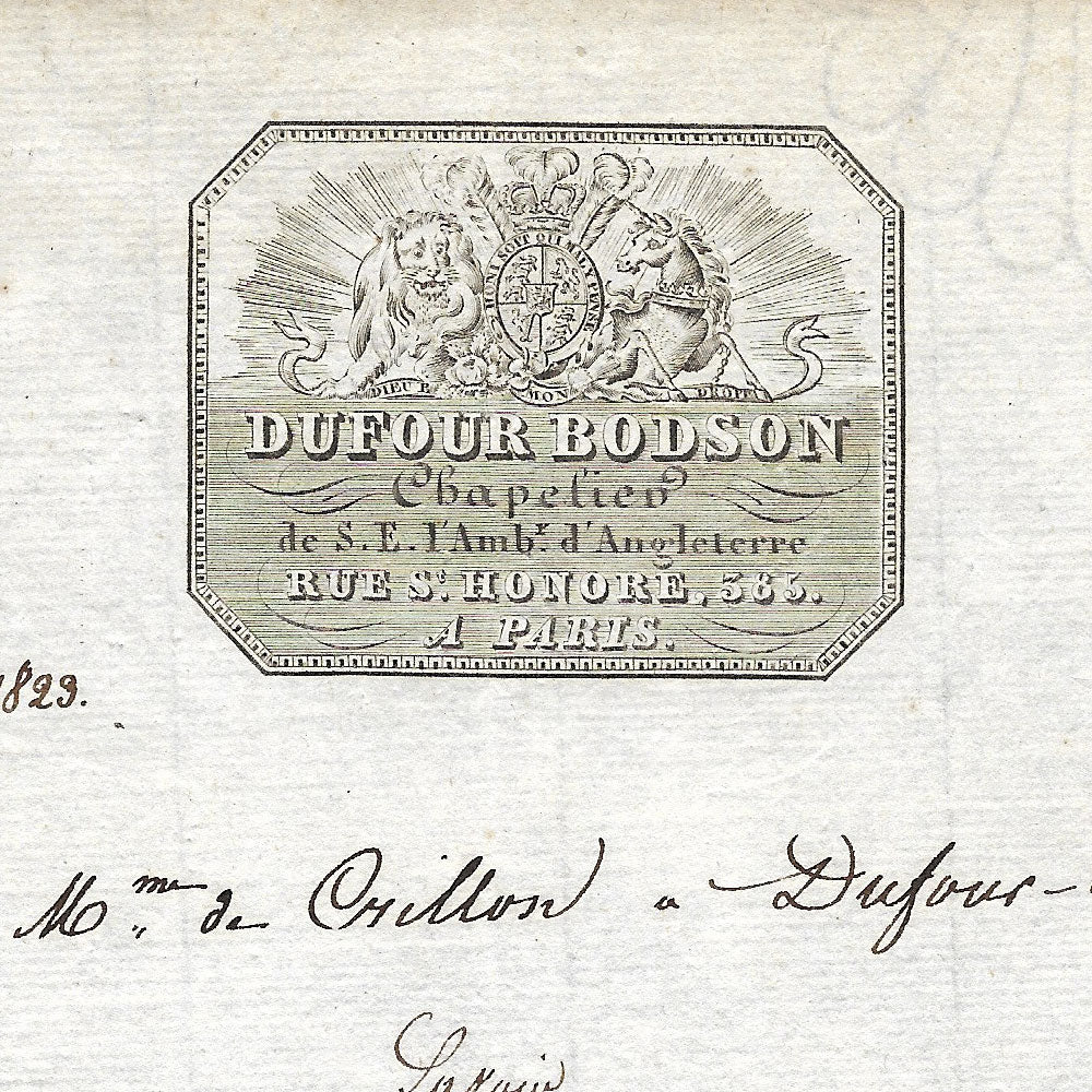 Dufour Bodson - Facture du chapelier, 585 rue St-Honoré à Paris (1823)