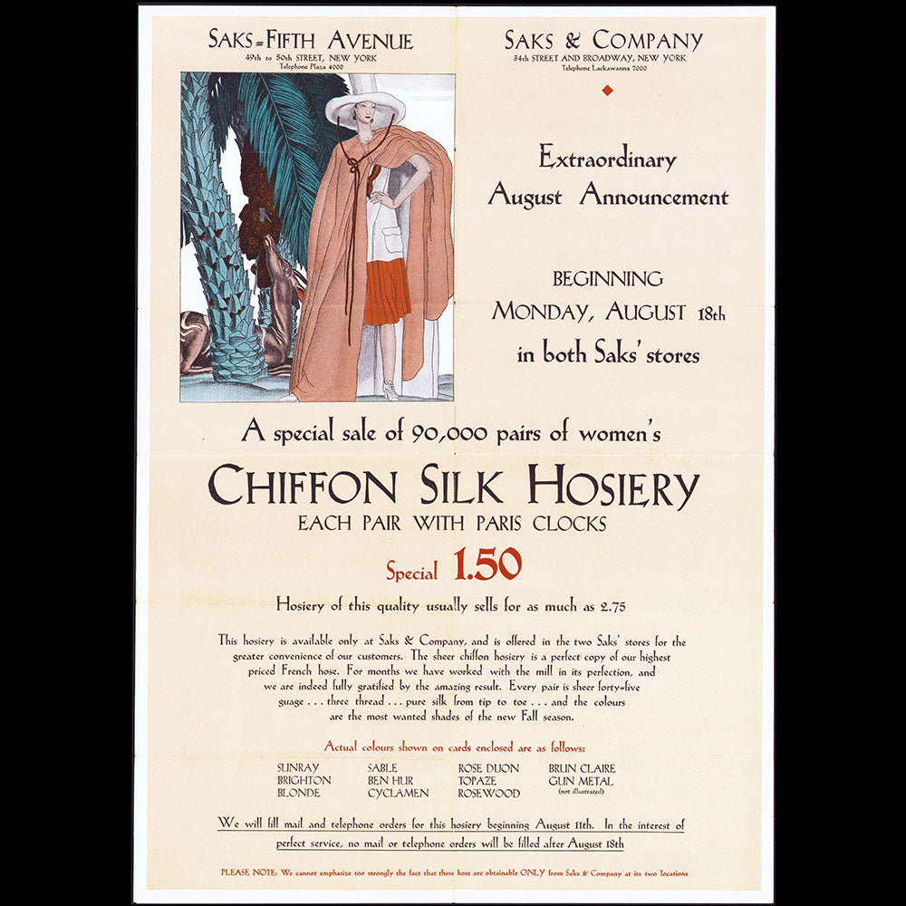 Saks - Fifth Avenue - Chiffon Silk Hosiery, Affiche illustrée par Jean Dupas (1930)