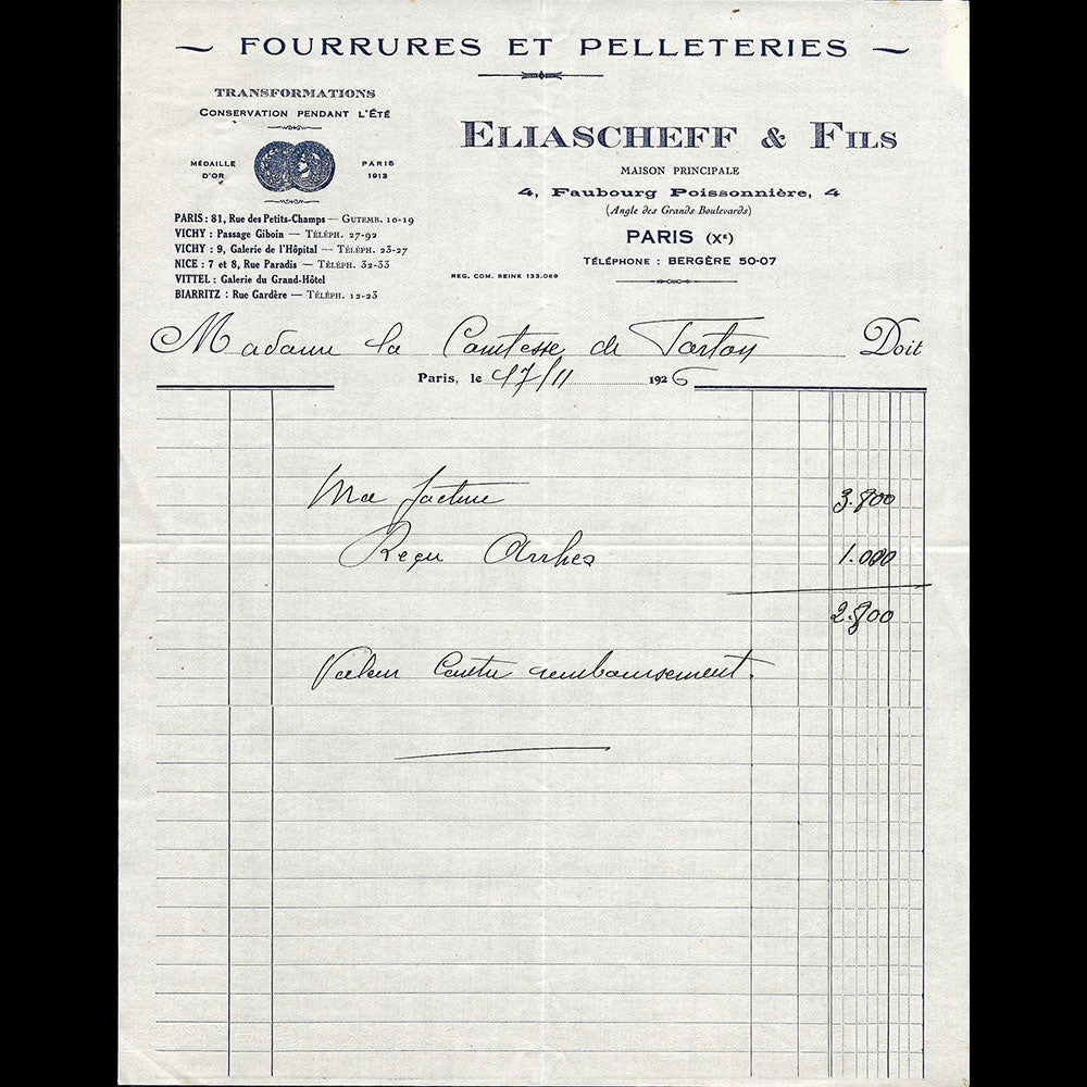 Eliascheff & Fils - Facture du magasin de fourrures, 4 Faubourg Poissonnière à Paris (1926)