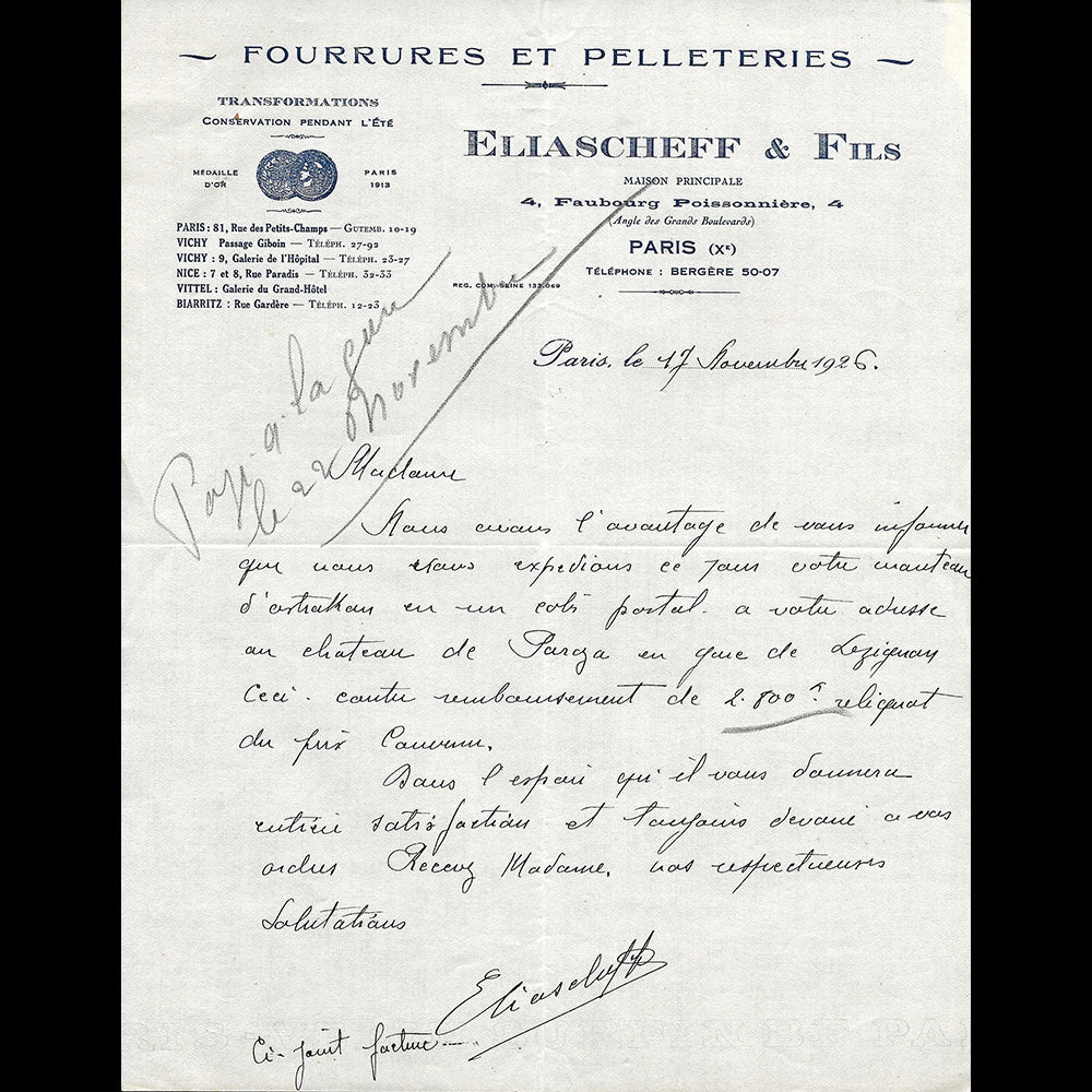 Eliascheff & Fils - Lettre de la maison de fourrures, 4 Faubourg Poissonnière à Paris (1926)