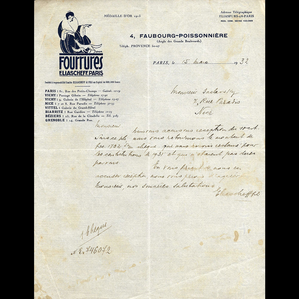 Eliascheff & Fils - Lettre de la maison de fourrures, 4 Faubourg Poissonnière à Paris (1932)