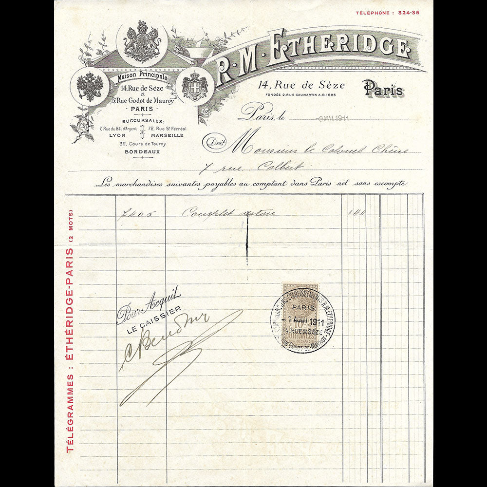 R. M. Etherridge - Facture du tailleur, 14 rue de Sèze à Paris (1911)