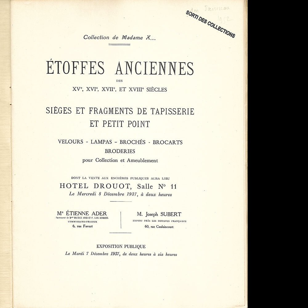 Etoffes anciennes des XVe, XVIe, XVIIe et XVIIIe siècles - Catalogue de vente de la collection de Madame X (1937)