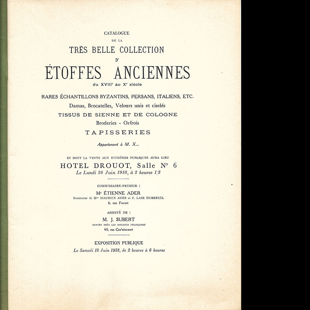 Etoffes anciennes - Catalogue de la vente de la collection de Monsieur X (1938)