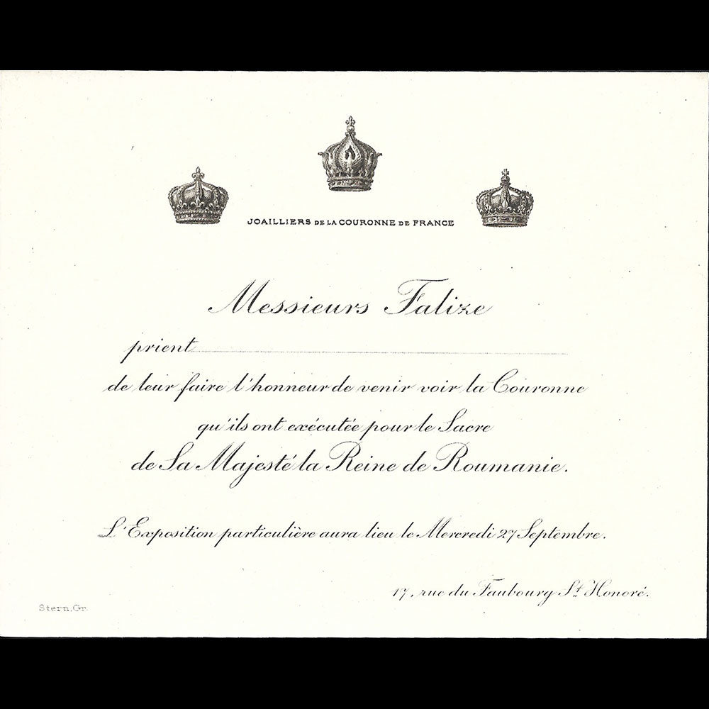 Falize - Exposition de la couronne qu'ils ont exécutée pour le sacre de sa Majesté le Reine de Roumanie (1922)
