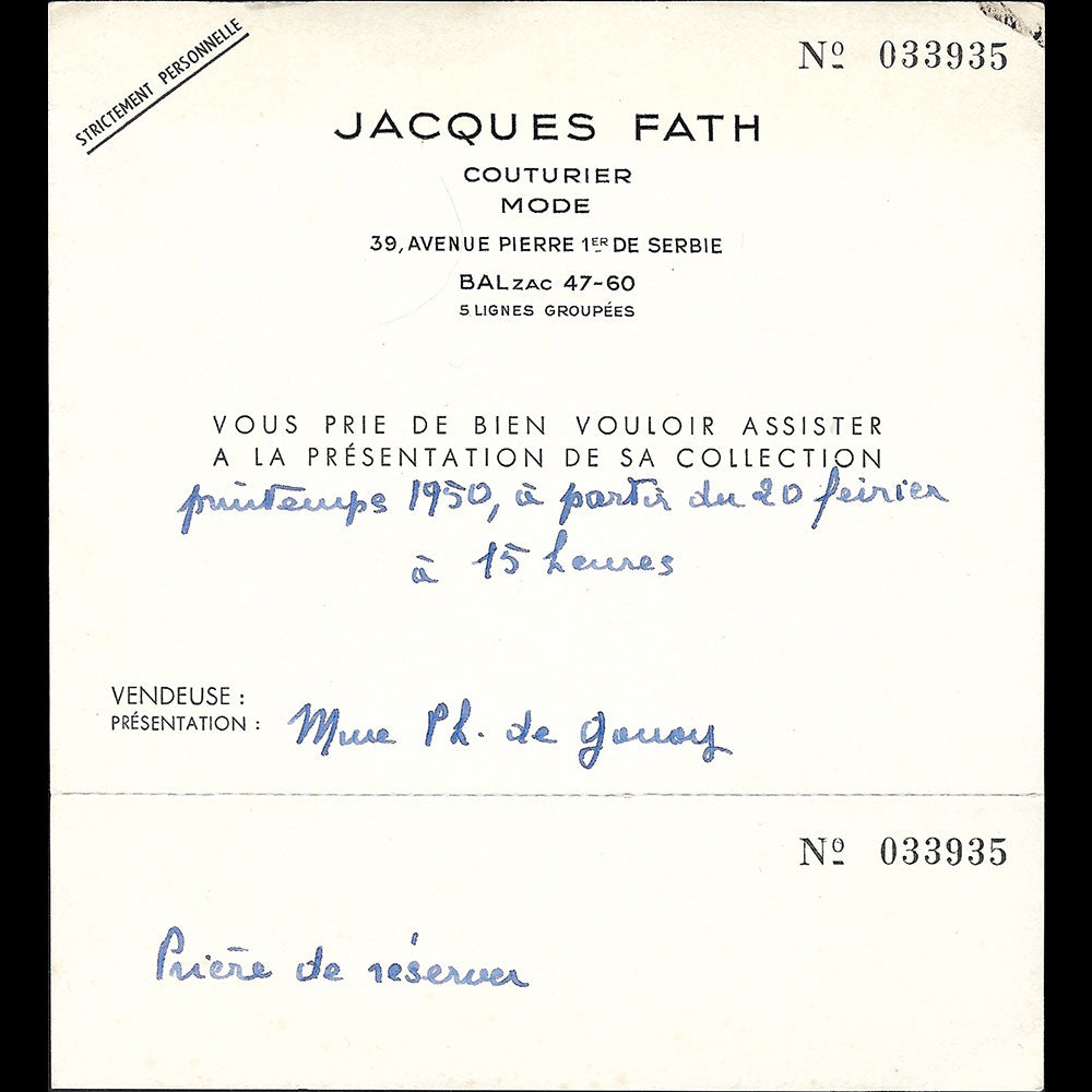Jacques Fath - Carton d'invitation de la maison de couture, 39 avenue Pierre Ier de Serbie à Paris (1950)