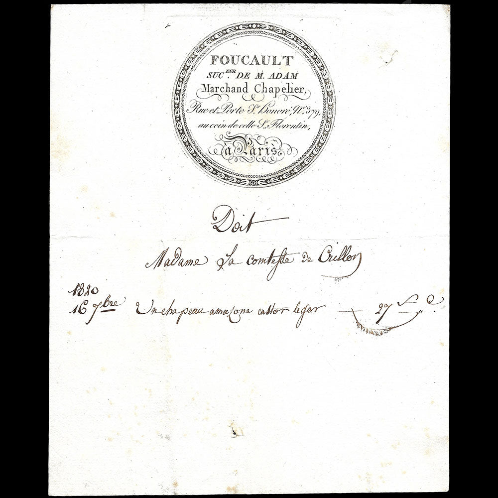 Foucault - Facture du chapelier, 379 rue et porte St-Honoré à Paris (1820)