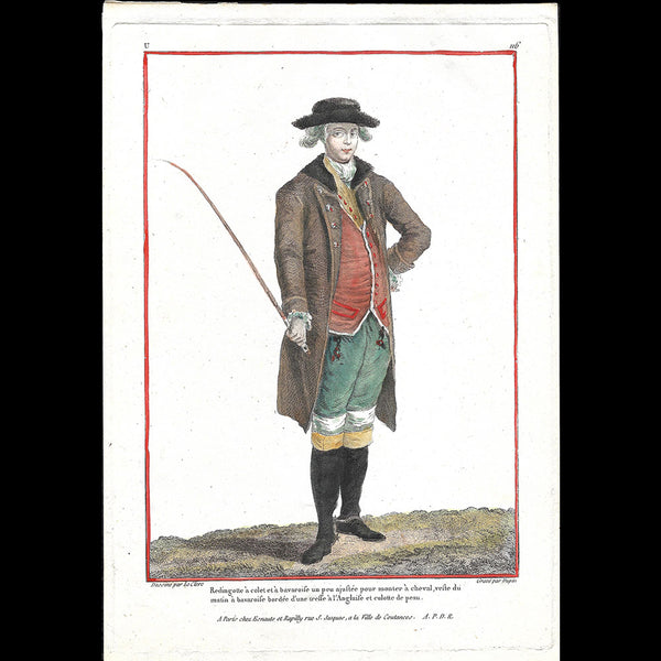Gallerie des Modes et Costumes Français, 1778-1787, gravure n° U 116, Redingotte à Colet (1779)