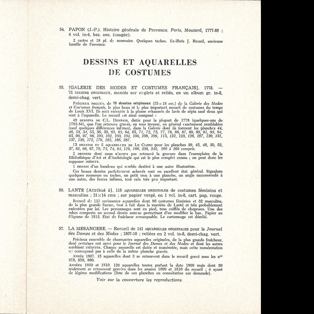 Beaux Livres et Autographes, Dessins originaux et Aquarelles de Costumes - Catalogue de vente (1965)