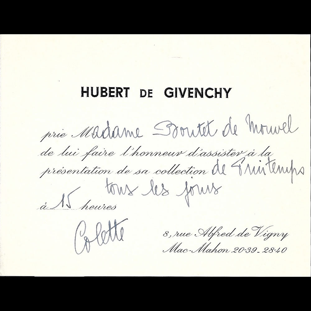 Hubert de Givenchy - Carton d'invitation de la maison de couture, 8 rue Alfred de Vigny à Paris (1950s)