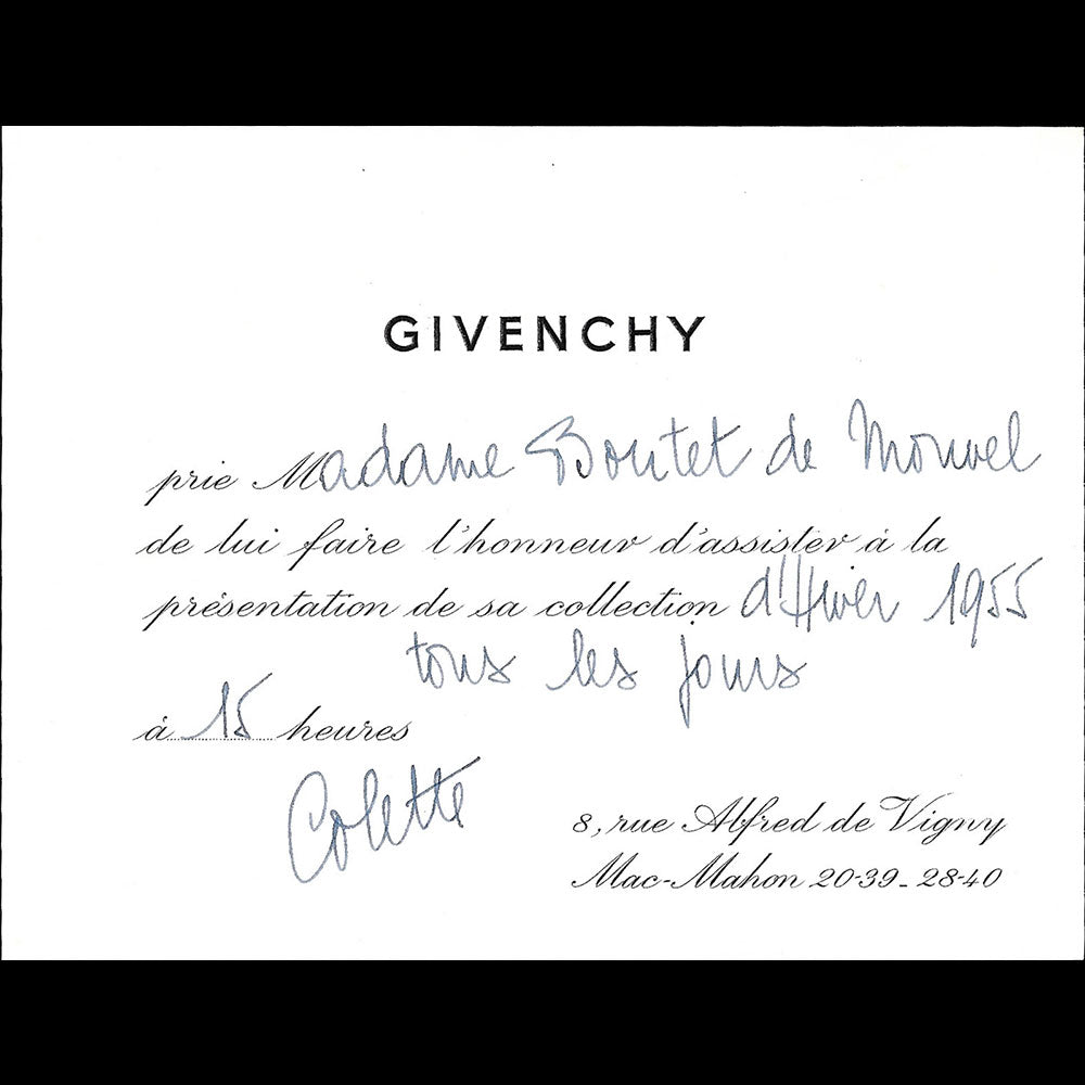 Givenchy - Carton d'invitation de la maison de couture, 8 rue Alfred de Vigny à Paris (1955)