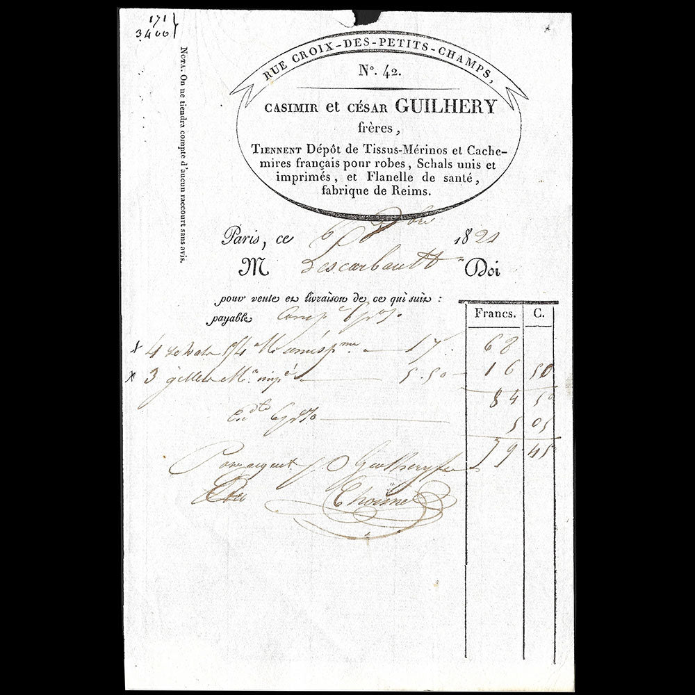 Casimir et César Guilhery - Facture du magasin de tissus, 42 rue Croix des Petits-Champs à Paris (1821)
