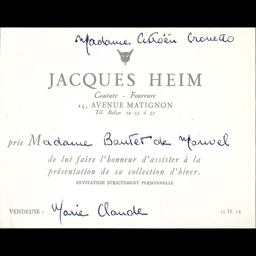 Jacques Heim - Carton d'invitation de la maison de couture, 15 avenue Montaigne à Paris (1950s)