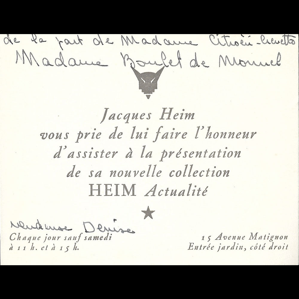 Jacques Heim - Carton d'invitation de la maison de couture, 15 avenue Montaigne à Paris (1950s)