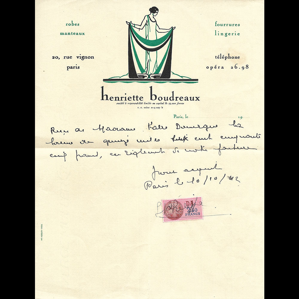 Henriette Boudreaux - Facture de la maison de couture, 20 rue Vignon à Paris (1922)