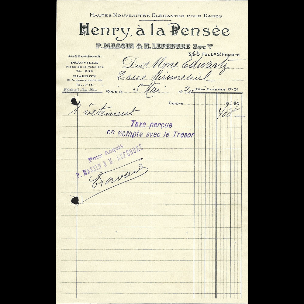 Henry à la Pensée - Facture de la maison de Hautes Nouveautés, 3-5 Faubourg Saint-Honoré à Paris (1920)