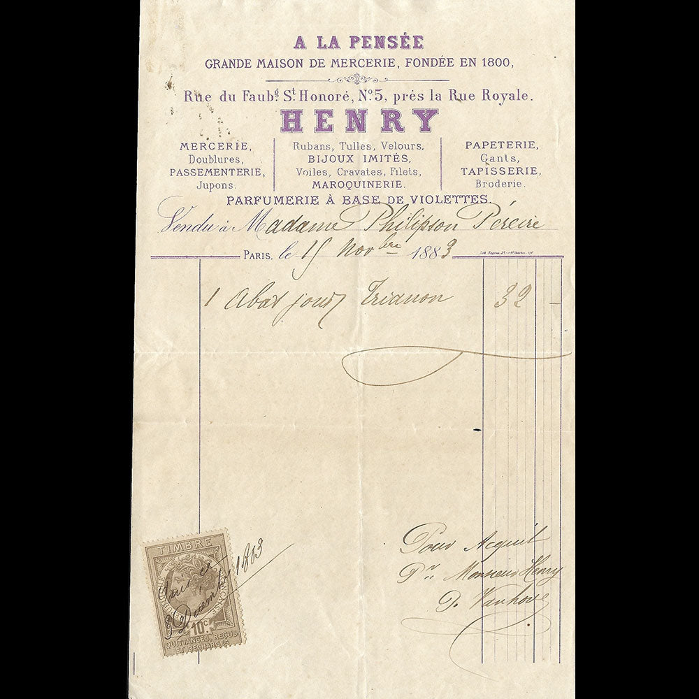 Henry à la Pensée - Facture de la maison de Hautes Nouveautés, 5 Faubourg Saint-Honoré à Paris (1883)
