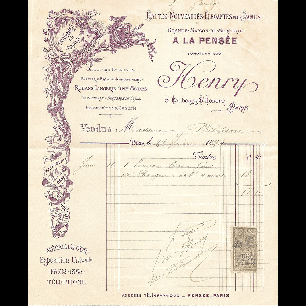 Henry à la Pensée - Facture de la maison de Hautes Nouveautés, 5 Faubourg Saint-Honoré à Paris (1894)