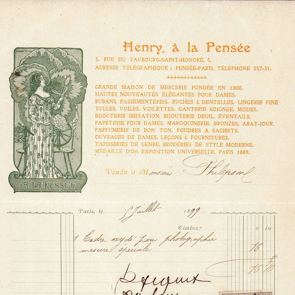 Henry à la Pensée - Facture de la maison de Hautes Nouveautés, 5 Faubourg Saint-Honoré à Paris (1899)