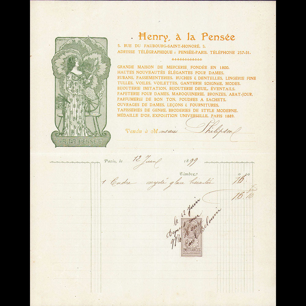 Henry à la Pensée - Facture de la maison de Hautes Nouveautés, 5 Faubourg Saint-Honoré à Paris (1899)