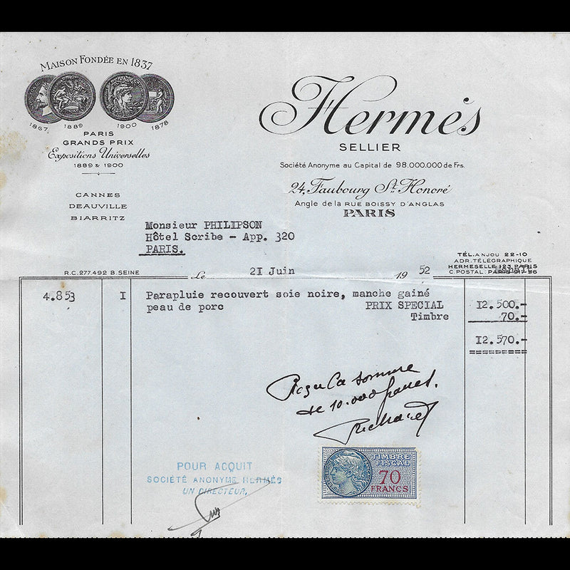 Hermès - Facture de la maison Hermes Sellier (1952)