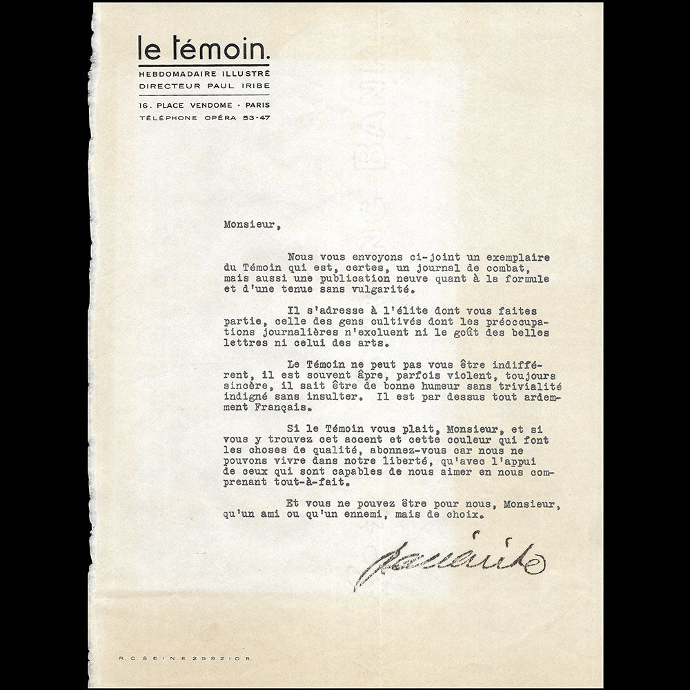 Paul Iribe - Lettre à l'en-tête du Témoin et bulletin d'abonnement (circa 1933)