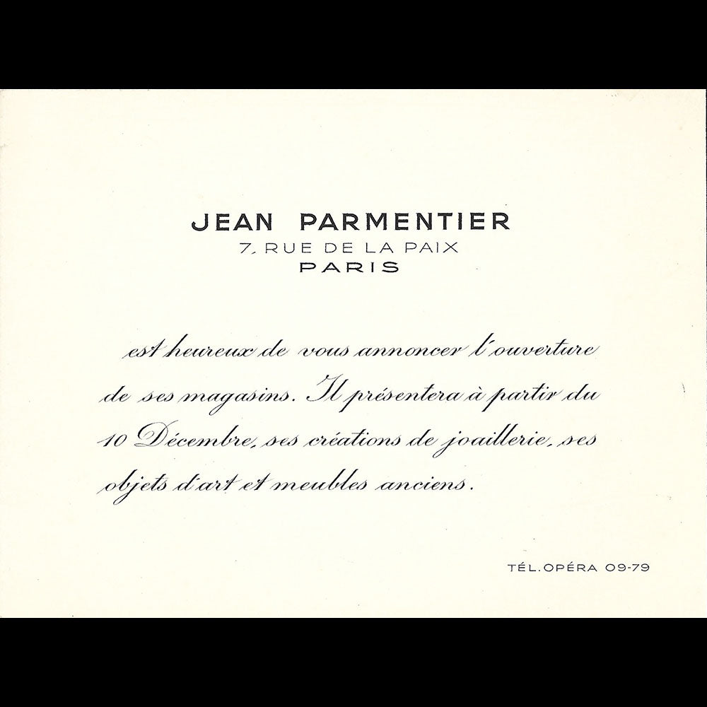 Jean Parmentier - Carte du joaillier, 7 rue de la Paix, Paris (1940-1950s)