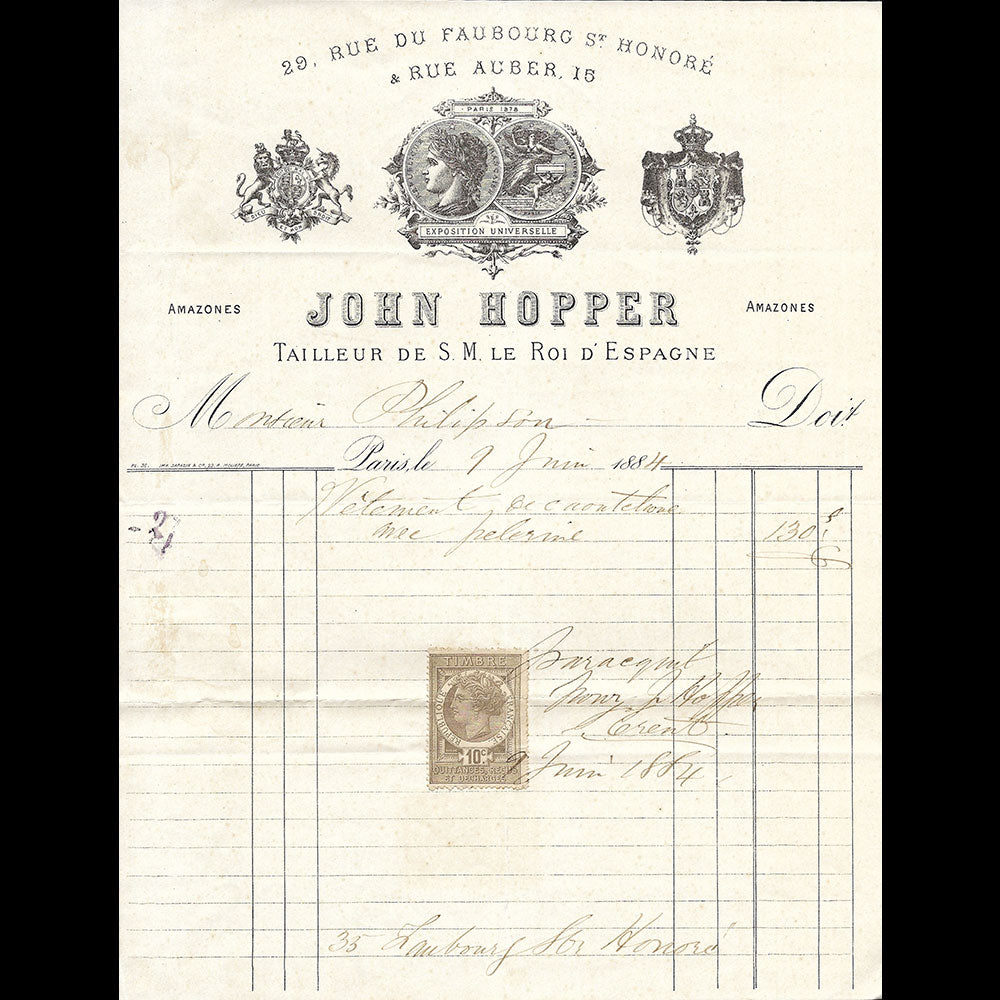 John Hopper - Facture du tailleur anglais, 29 rue du Faubourg Saint-Honoré à Paris (1884)