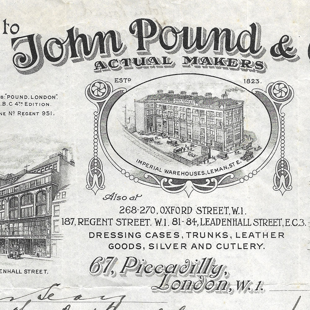 John Pound & Co - Facture de la maison de bagages, 67 Piccadilly London (1924)