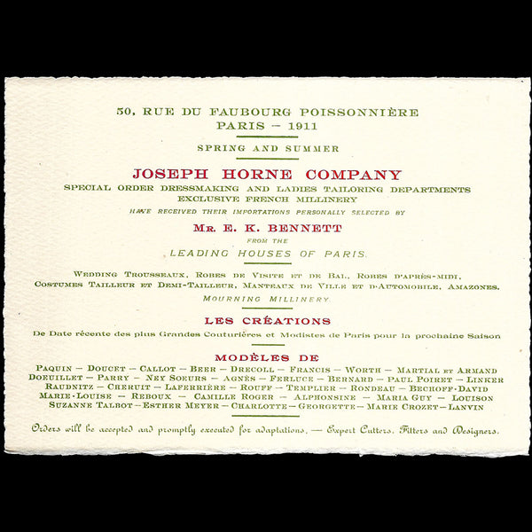 Joseph Horne Company - Invitation annonçant la sélection de robes de Paris pour le Printemps-Eté 1911