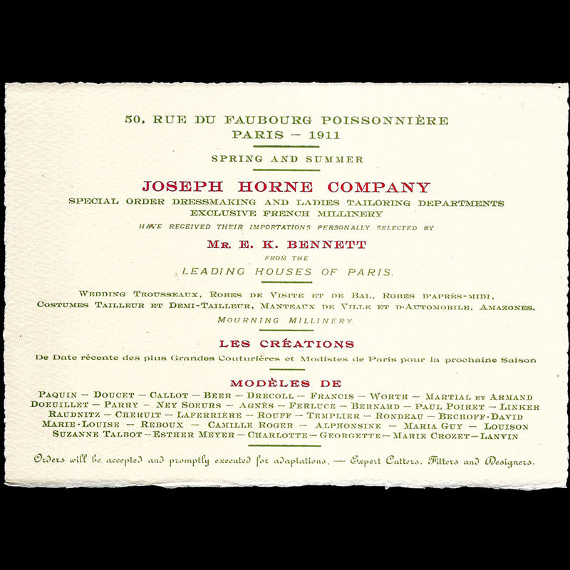 Joseph Horne Company - Invitation annonçant la sélection de robes de Paris pour le Printemps-Eté 1911