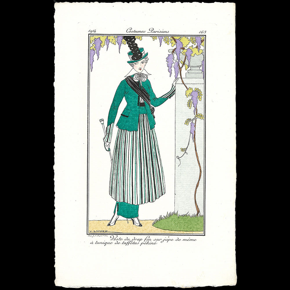 Journal des Dames et des Modes, Costumes Parisiens - Veste de drap fin sur jupe de même à tunique de taffetas pékiné, planche de Victor Lhuer (1914)