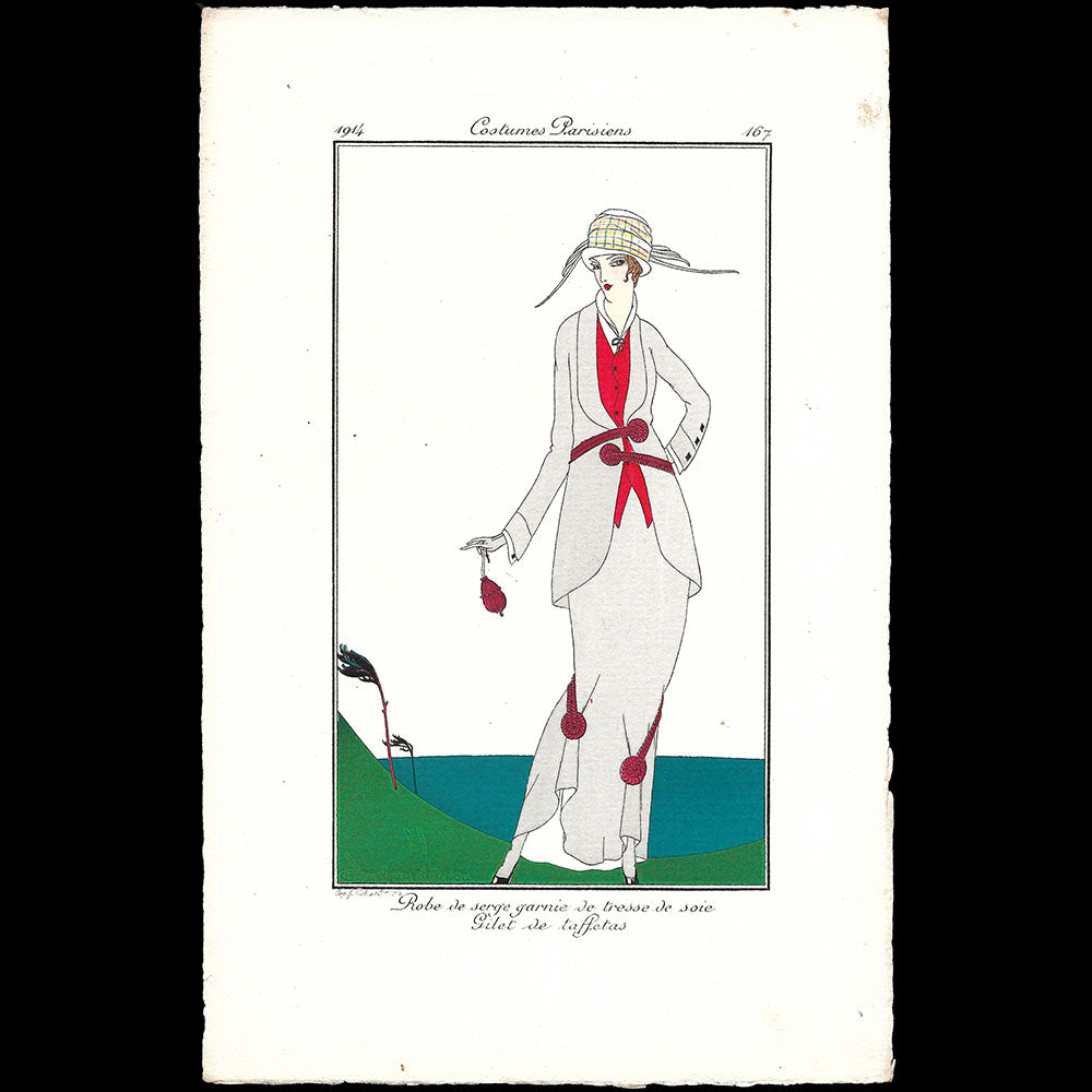 Journal des Dames et des Modes, Costumes Parisiens - Robe de serge garnie de tresse de soie, gilet de taffetas, planche de Gaudray d'Anjou (1914)