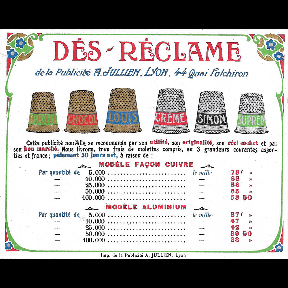 Advertisement A. Jullien - Advertising thimble, illustrated card (1900s)
