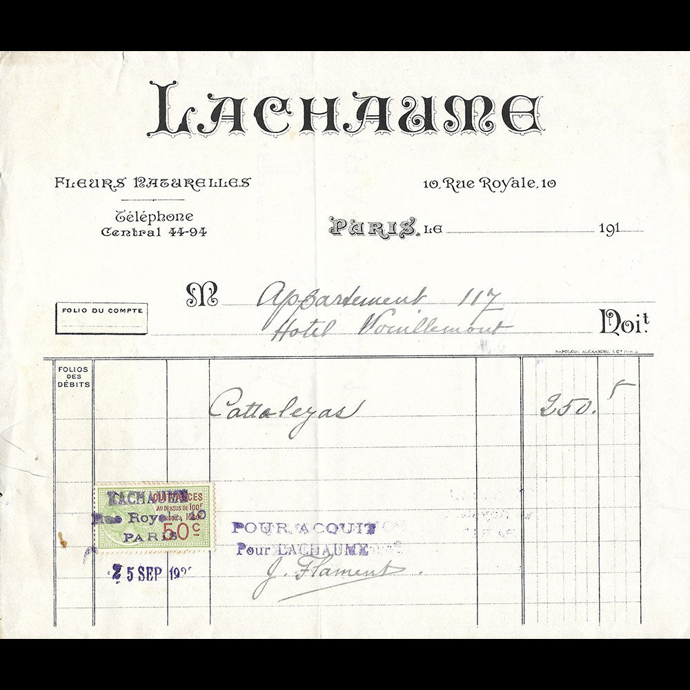 Lachaume - Factures du fleuriste, 10 rue Royale à Paris (1923)