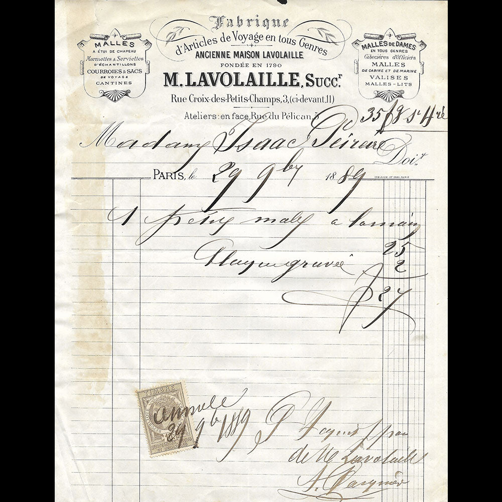 Lavolaille - Facture de la maison d'articles de voyage, 3 rue Croix des Petits Champs à Paris (1889)