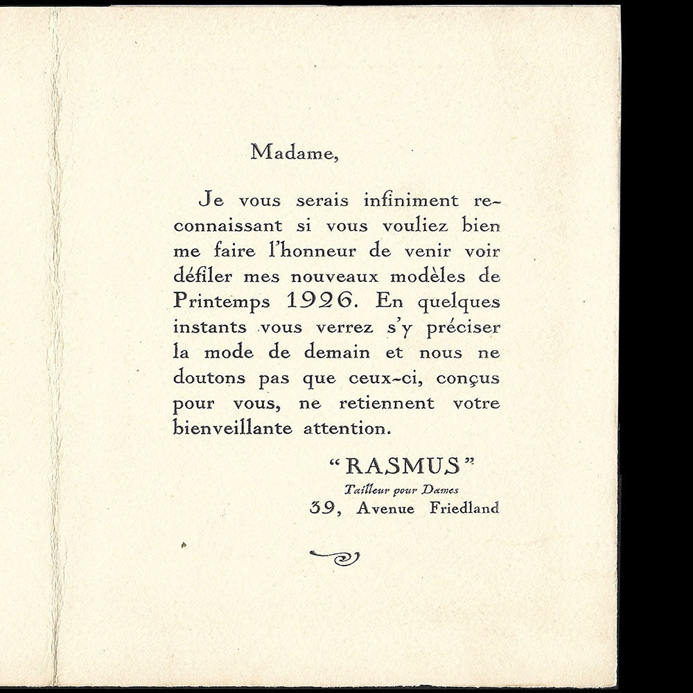 Georges Lepape - Carte d'invitation du tailleur Rasmus, avenue de Friedland (1926)