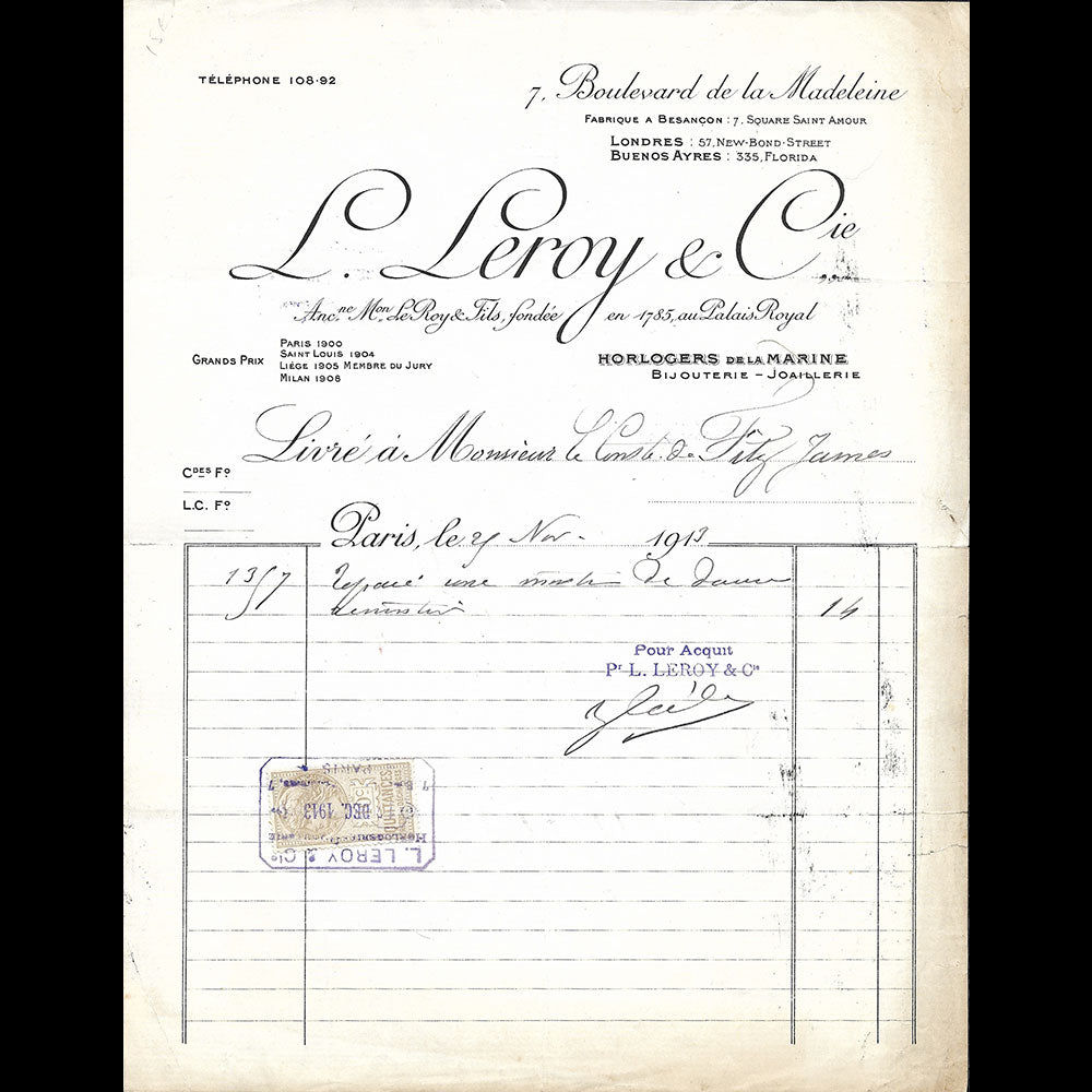 L. Leroy et cie - Facture des horlogers de la marine, 7 boulevard de la Madeleine à Paris (1913)