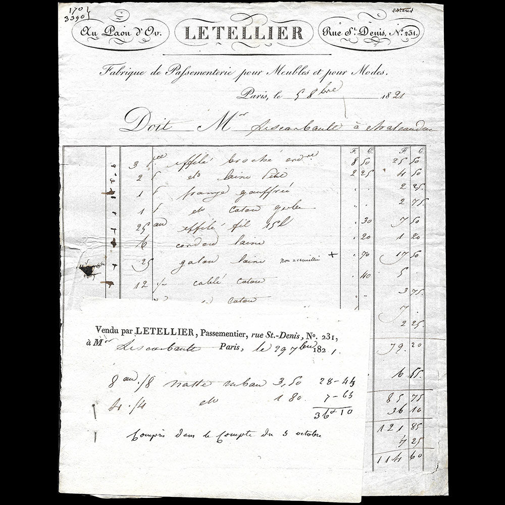 Letellier - Facture du passementier, Au Paon d'Or, 231 rue Saint-Denis à Paris (1821)