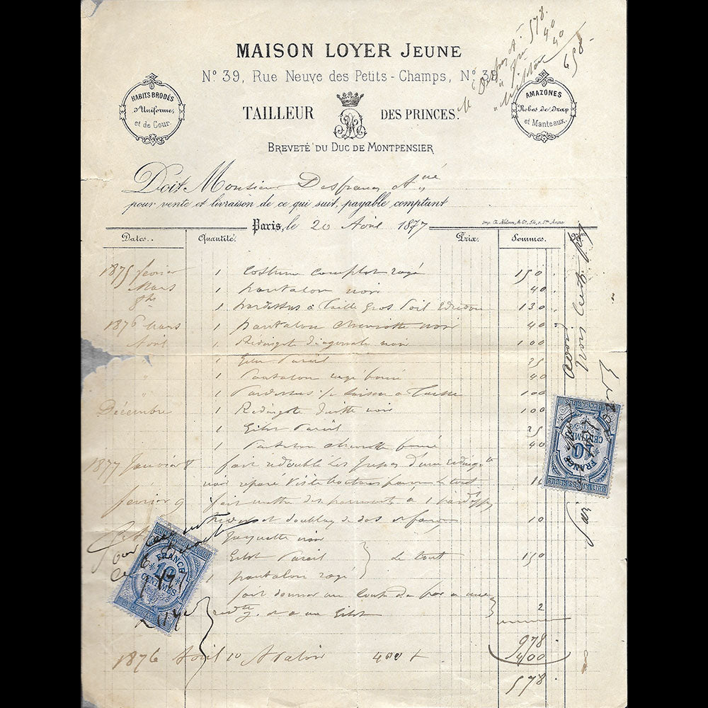 Loyer Jeune - Facture du tailleur, 39 rue Neuve des Petits Champs à Paris (1877)