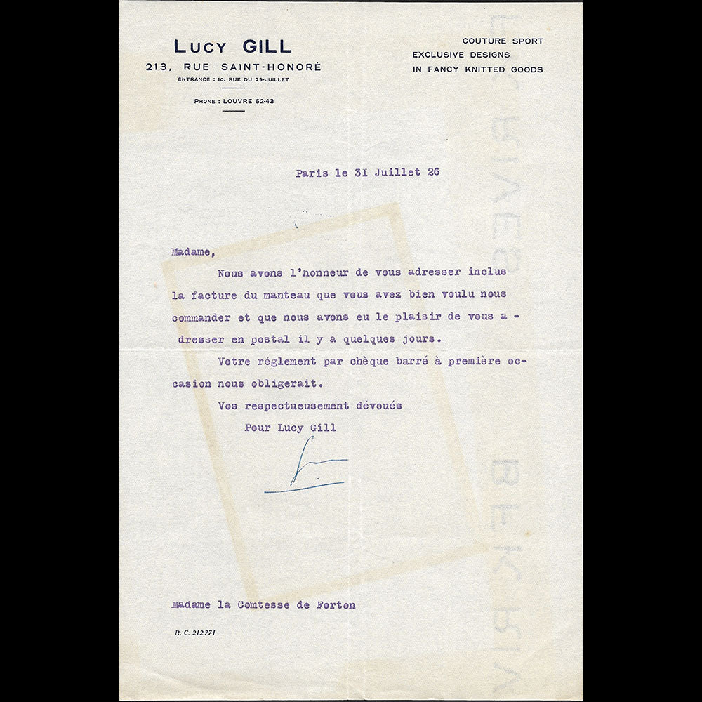 Lucy Gill - Facture de la maison de couture sport, 213 rue Saint-Honoré à Paris (1926)