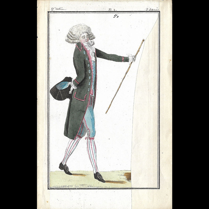 Magasin des Modes Nouvelles Françaises et Anglaises, planche 2, 17ème cahier - Habit de drap vert noir (1788)
