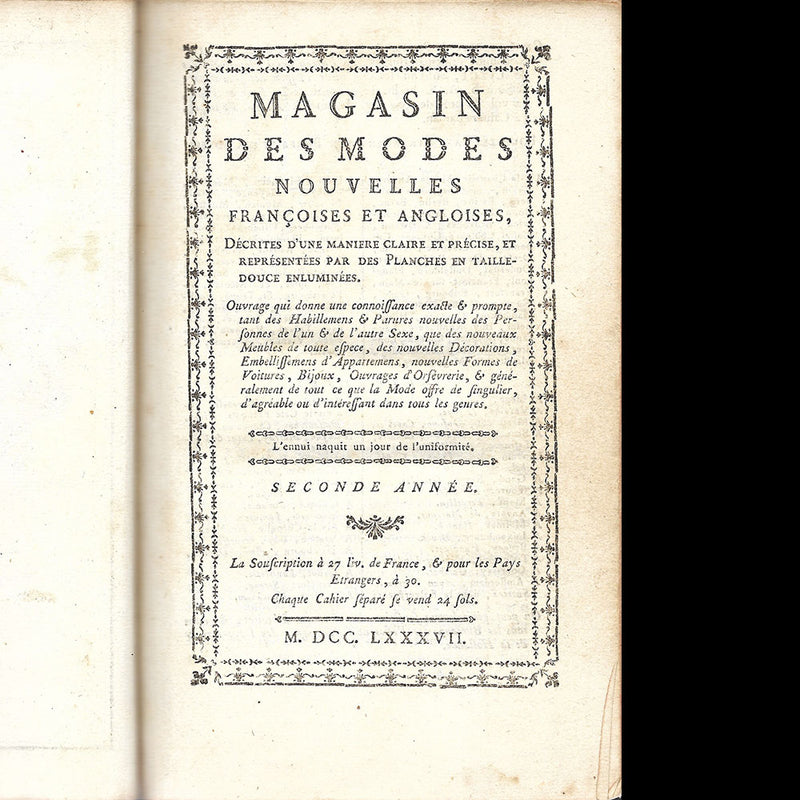 Magasin des Modes Nouvelles - Réunion des 12 livraisons de juillet 1787 à novembre 1787