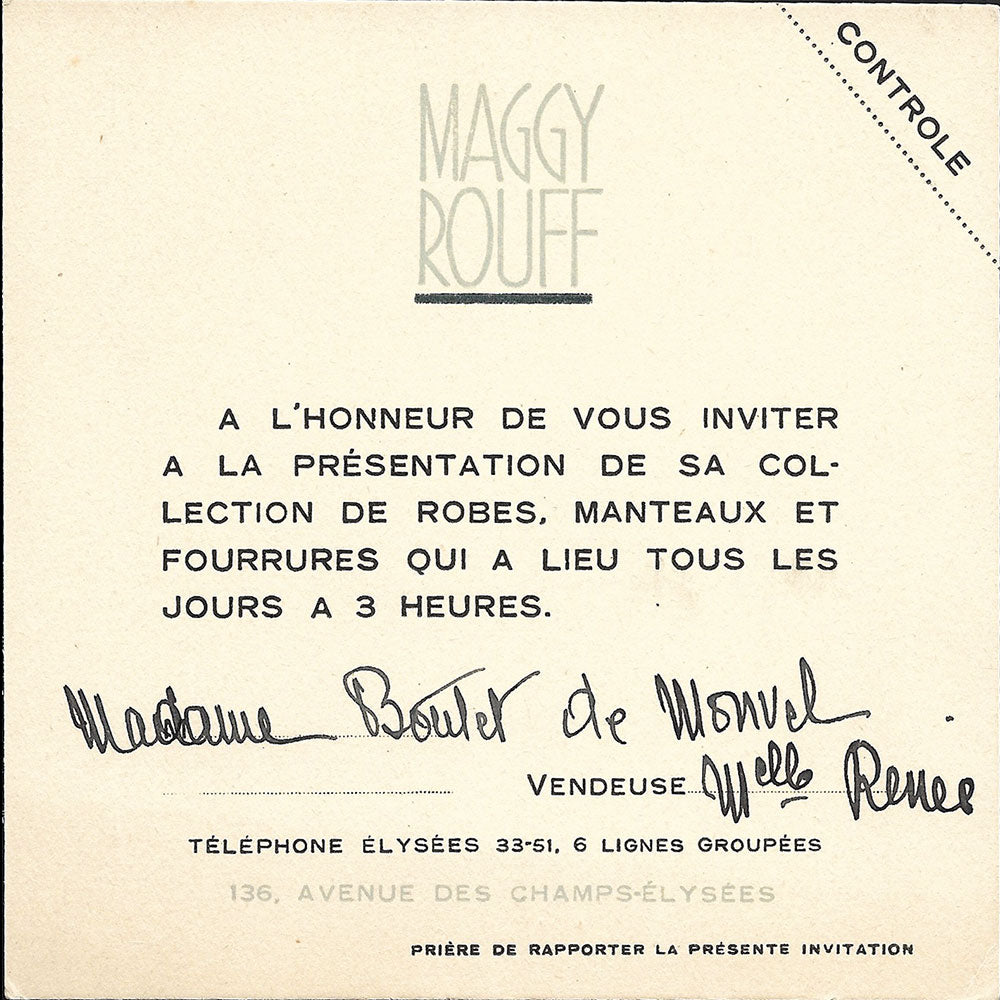 Maggy Rouff - Carton d'invitation de la maison de couture, 136 avenue