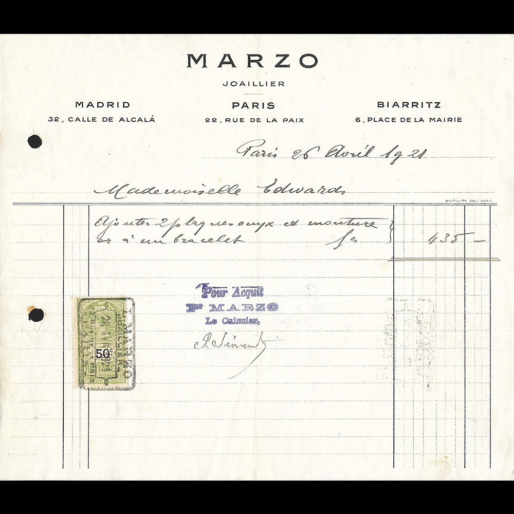 Marzo - Facture de la maison de joaillerie, 22 rue de la Paix, Paris (1921)