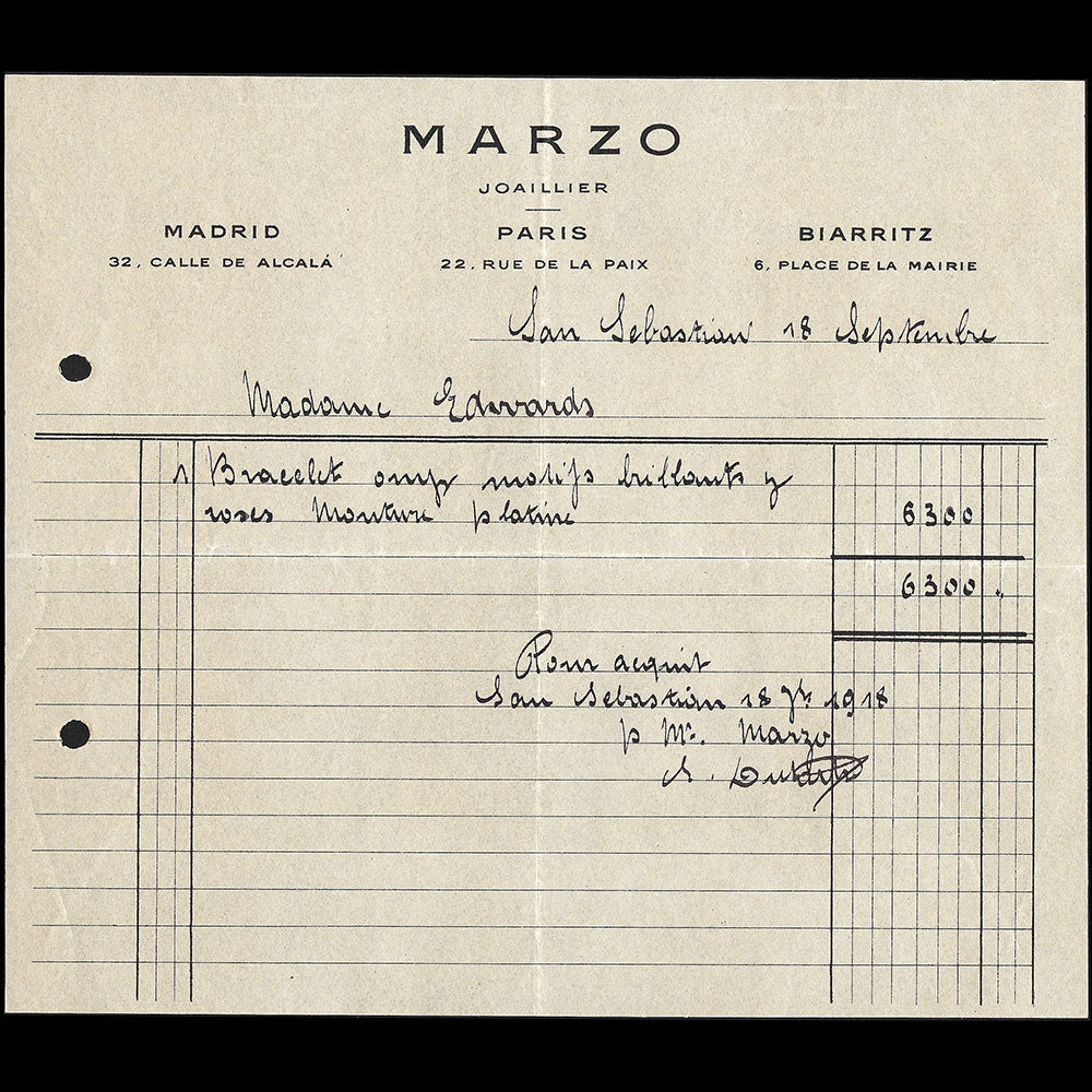 Marzo - Facture de la maison de joaillerie, 6 place de la Mairie, Biarritz (1918)