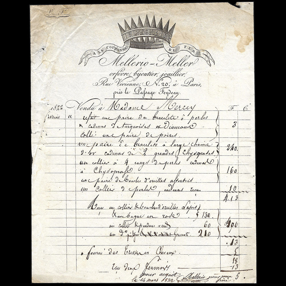 Mellerio Meller - Facture de l'orfèvre bijoutier joaillier, A la couronne de fer, 20 rue Vivienne à Paris (1822)