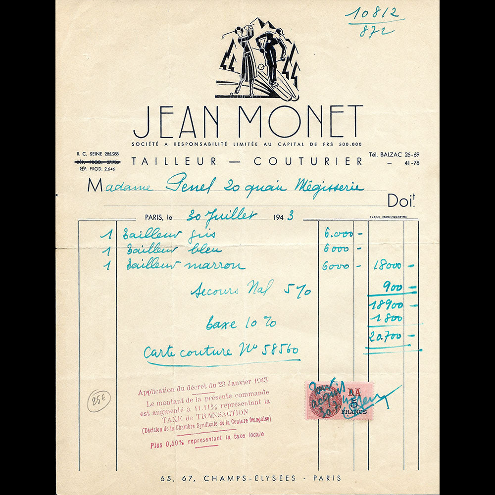 Jean Monet - Facture du tailleur couturier, 65-67 avenue des Champs-Elysées à Paris (1943)