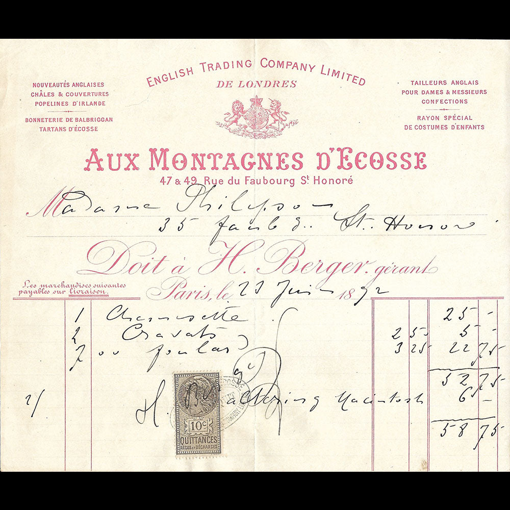 Aux Montagnes d'Ecosse - Facture du tailleur, 47-49 rue du Faubourg Saint-Honoré à Paris (1892)