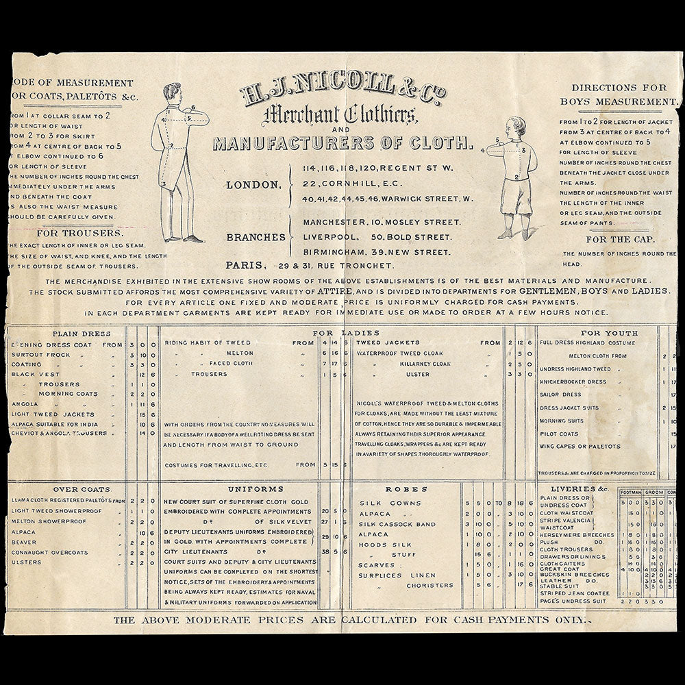 Nicoll - Facture du tailleur, 29-31 rue Tronchet à Paris (1889)